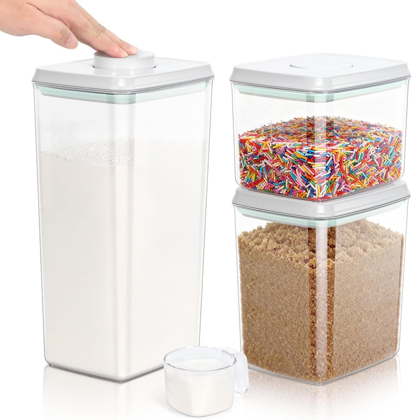 TBMax Large Airtight Food Container 5.28 Qt with Pop Up Lid & Measuring Cup, Ideal for 10 Lbs of Rice or 7 Lbs of Flour, Square Short Food Storage Bin for Kitchen Pantry and Drawer Organization