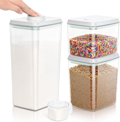 TBMax Large Airtight Food Container 5.28 Qt with Pop Up Lid & Measuring Cup, Ideal for 10 Lbs of Rice or 7 Lbs of Flour, Square Short Food Storage Bin for Kitchen Pantry and Drawer Organization