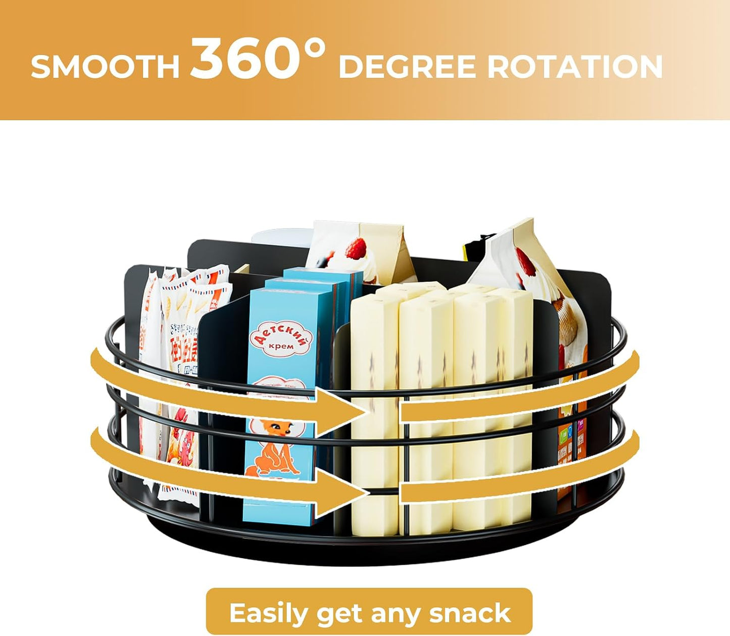 Snack Organizer - Versatile Snack Storage 2 Tier Lazy Susan with Convenient Grab-and-Go Design, Metal Snack Holder for Home, Office, Breakroom, 11.85" L x 11.85" W x 13.3" H (Matte Black)