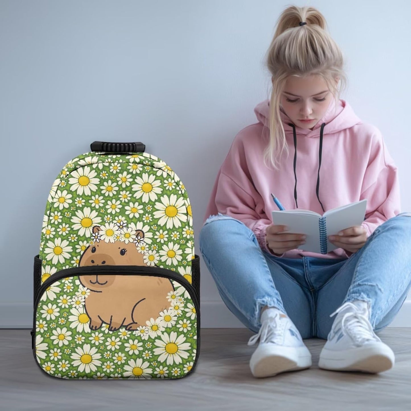 Cute Capybara Pizza Backpack for Girls, 5 Pcs Boys School Bag Set for Kids, 17 Inch Backpacks Lunch Pencil Box Reusable Utensils Case Set for Middle Elementary School, 3rd Grade Backpack