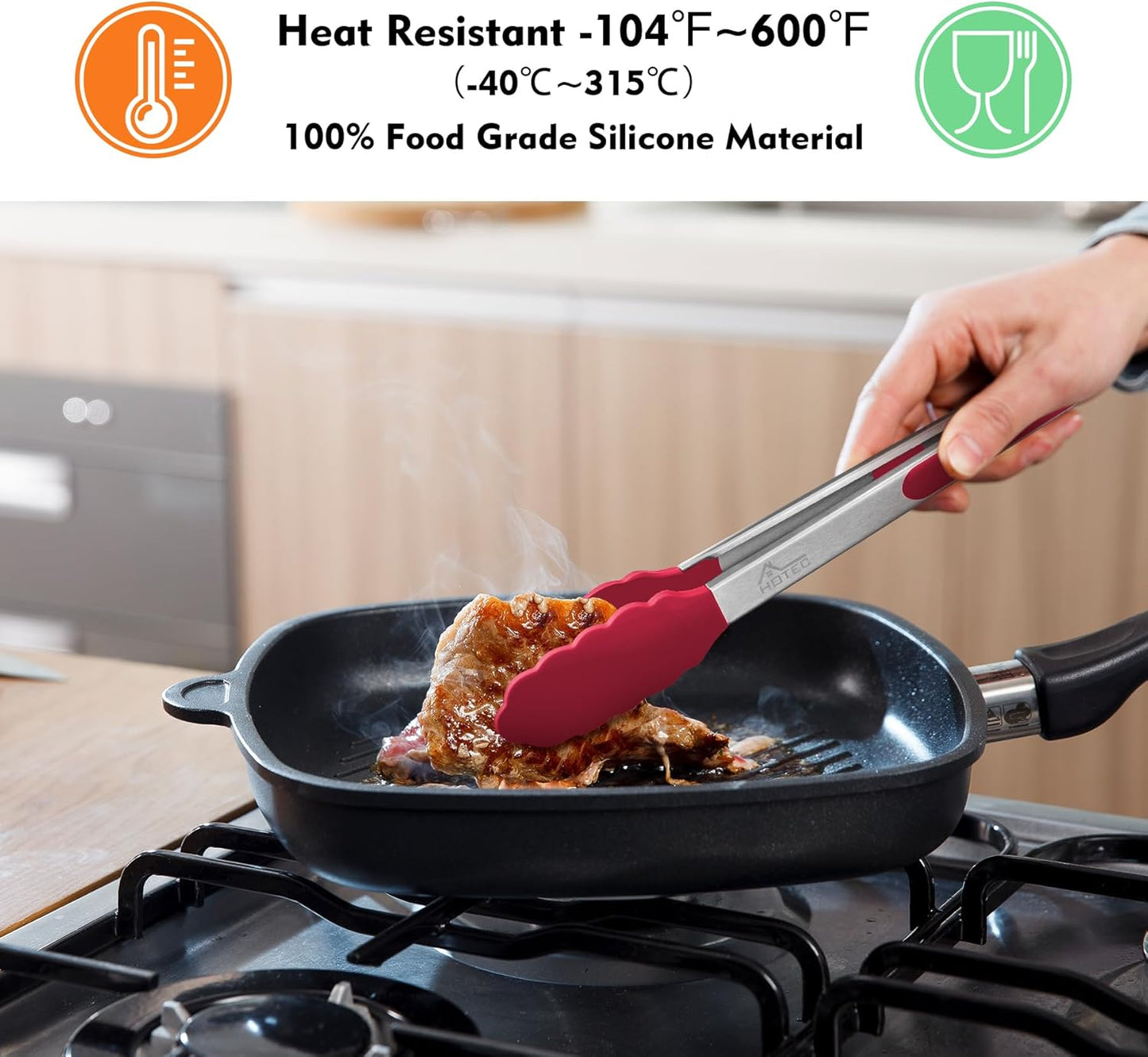 HOTEC Premium Stainless Steel Locking Kitchen Tongs with Silicon Tips, Set of 2-9" and 12"