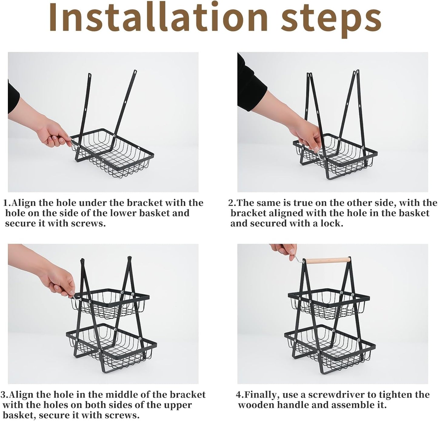 Detachable 2 Tier Fruit Basket for Kitchen Counter, Stainless Steel | Suitable for sorting produce, bread, and snacks in black rectangular baskets with a wooden carry handle for easier access