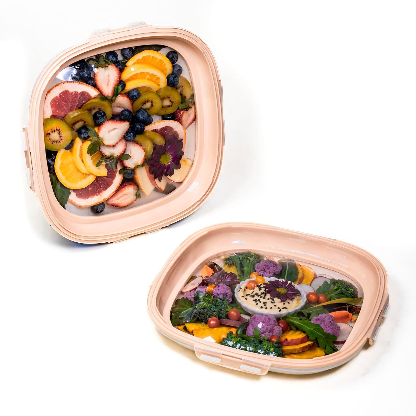 Crudités | Portable Snack Tray | Rectangle 2-Pack | Cream White | Reversible Stretch Lid Food Containers | BPA-Free, Freezer & Dishwasher Safe | Meal-Prep, Charcuterie, Salads, Picnic, Travel