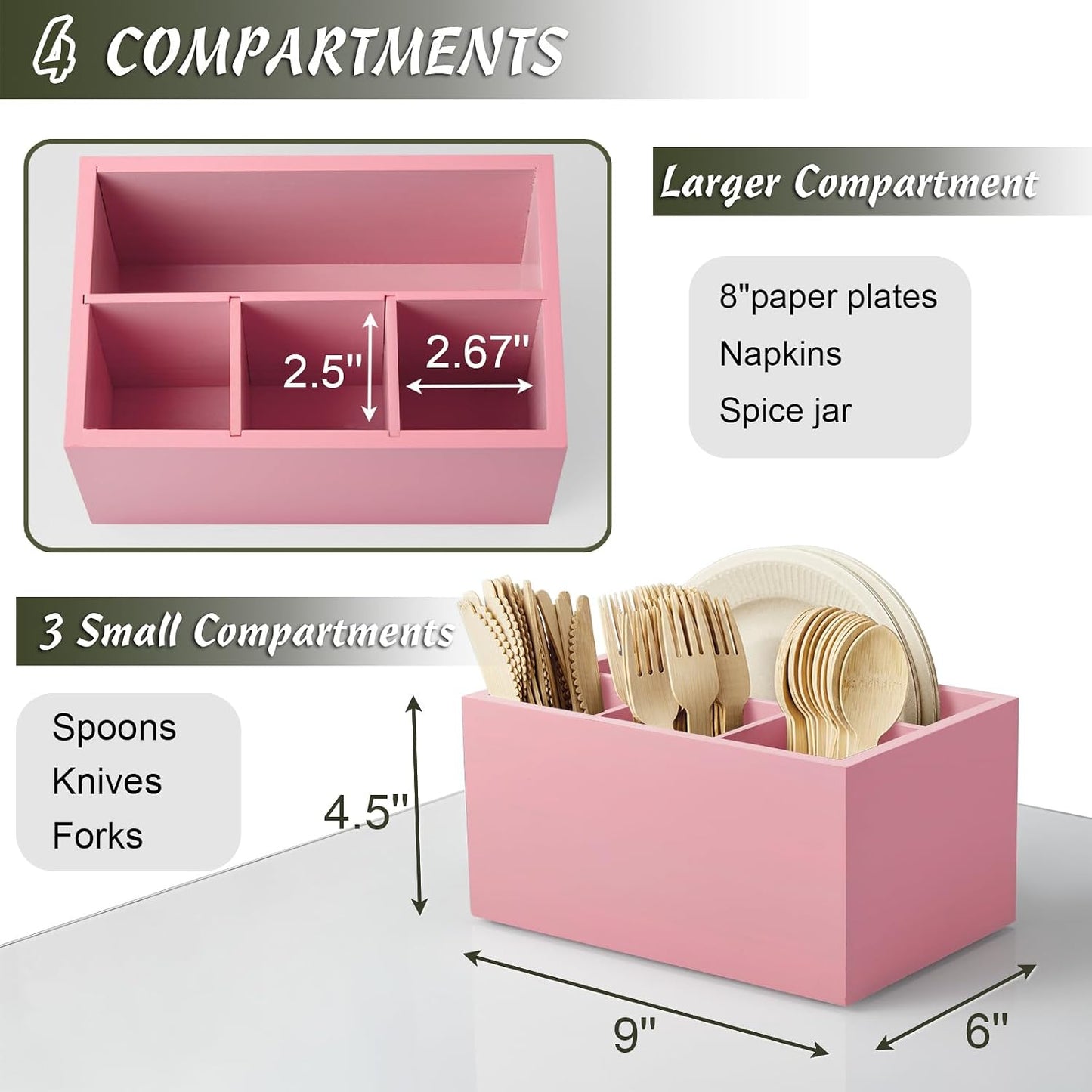 DRASTAR Paper Plate Dispenser, Acacia Utensil Caddy Organizer, Large Silverware Holder for Party, Paper Plate Organizer, Kitchen Utensil Caddy for Party Picnic Camping