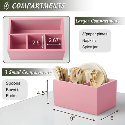 DRASTAR Paper Plate Dispenser, Acacia Utensil Caddy Organizer, Large Silverware Holder for Party, Paper Plate Organizer, Kitchen Utensil Caddy for Party Picnic Camping