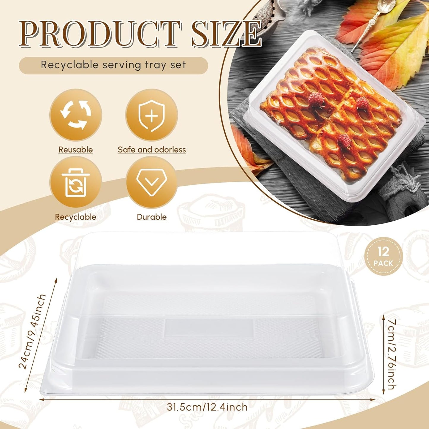 Tessco 12 Pcs Plastic Serving Trays with Lids Disposable Catering Trays 12.4 x 9.45 x 2.76 Inch Reusable Plastic Party Platters Charcuterie Board Box with Lids for Cookie Sandwich Christmas(Black)