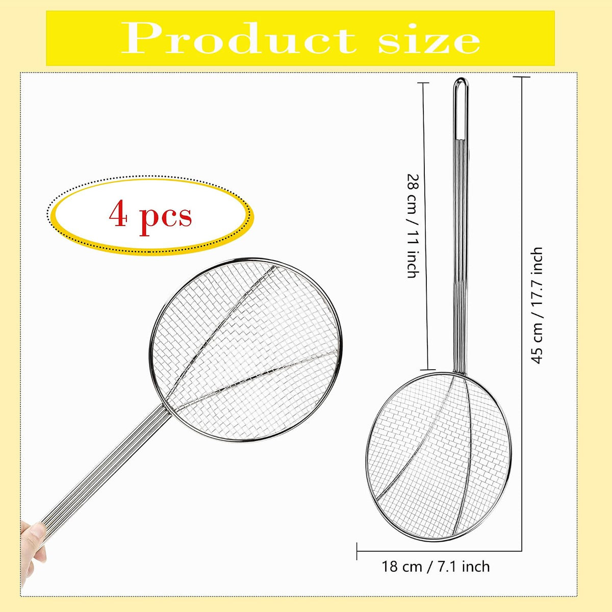 4 Pcs 18 Inch Wire Skimmer Large Carbon Steel Spider Strainer with Long Handle Round Spider Skimmer Spoon for Kitchen Frying Noodles Pasta Dumplings Hot Pot Oil Skimming