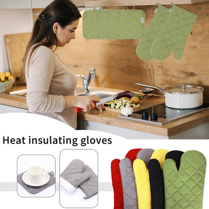Oven Mitts and Pot Holders Sets,6 Pcs Oven Mitts and Potholders with Recycled Cotton High Heat Resistant Extra Thick Long Oven Mitts for Cooking(Black)