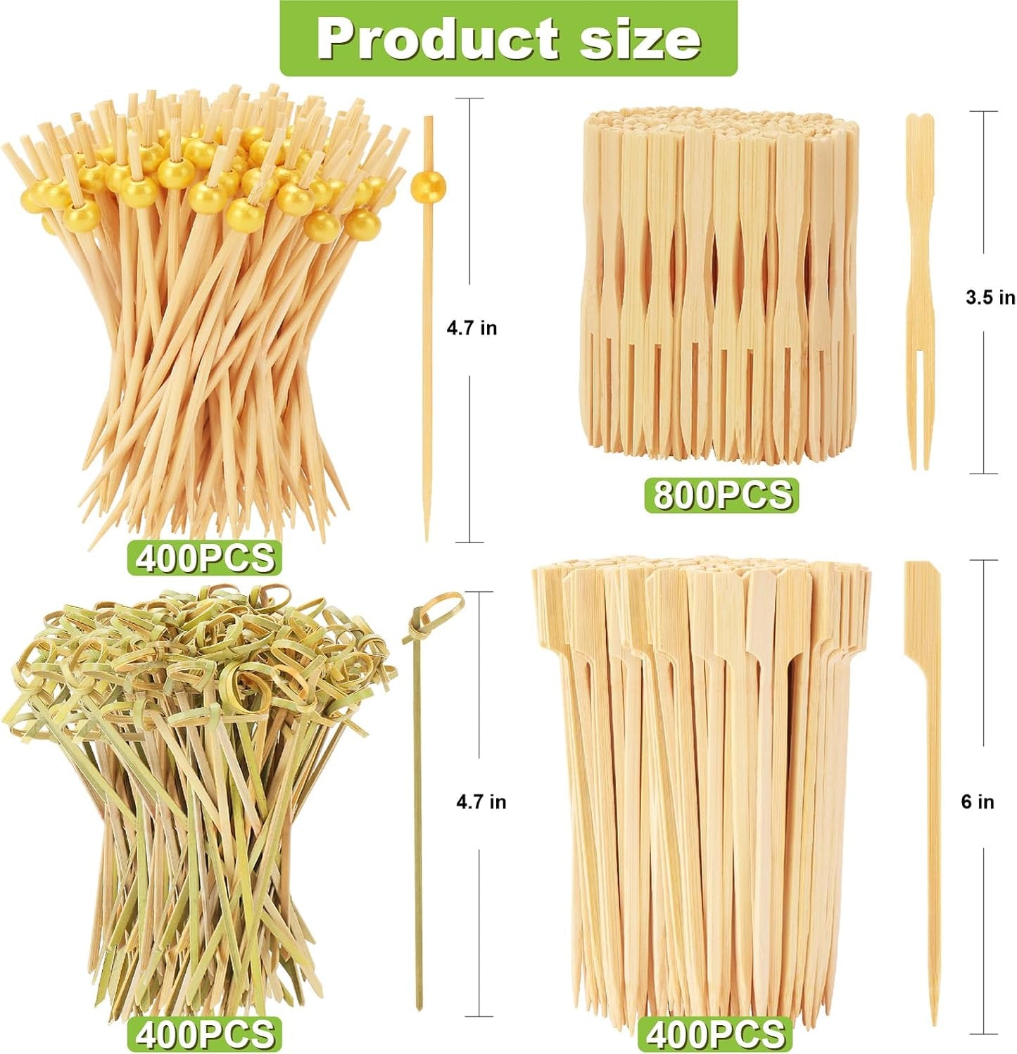 500PCS Cocktail Picks Kit, 4 Styles Fancy Toothpicks for Appetizers, 3 Sizes Long Bamboo Skewers, Decorative Wooden Cocktail Sticks for Party Supplies Food Drinks Fruit Charcuterie Boards Accessories