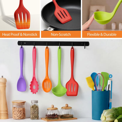 LIANYU 14 Pcs Silicone Kitchen Utensils Set with Holder, 446°F Heat Resistant Silicone Cooking Kitchen Utensils Spatula Set, Non-Stick & Dishwasher Safe Cooking Tools, Comfort Grip Handle, Black