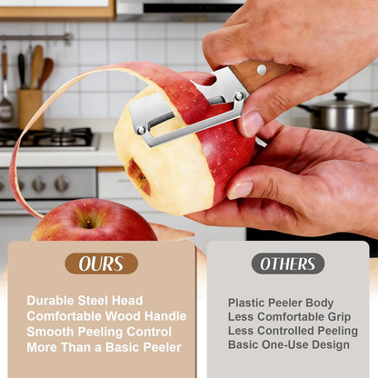 2026 Upgrade Vegetable Peeler With Wooden Handle, Stainless Steel Wide Blade Potato and Carrot Peeler, 3-in-1 Veggie Peeler With Scallion Shredder and Bottle Opener for Kitchen, Camping and Trave