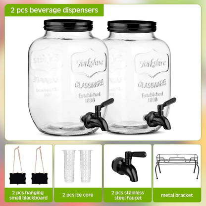 Lallisa 2 Pcs 2 Gallon Glass Drink Dispenser with Stand Ice Cylinder Hanging Chalkboard Signs 18/8 Stainless Steel Spigot Beverage Dispensers for Parties Mason Jar Drink Lemonade (Rose Gold)