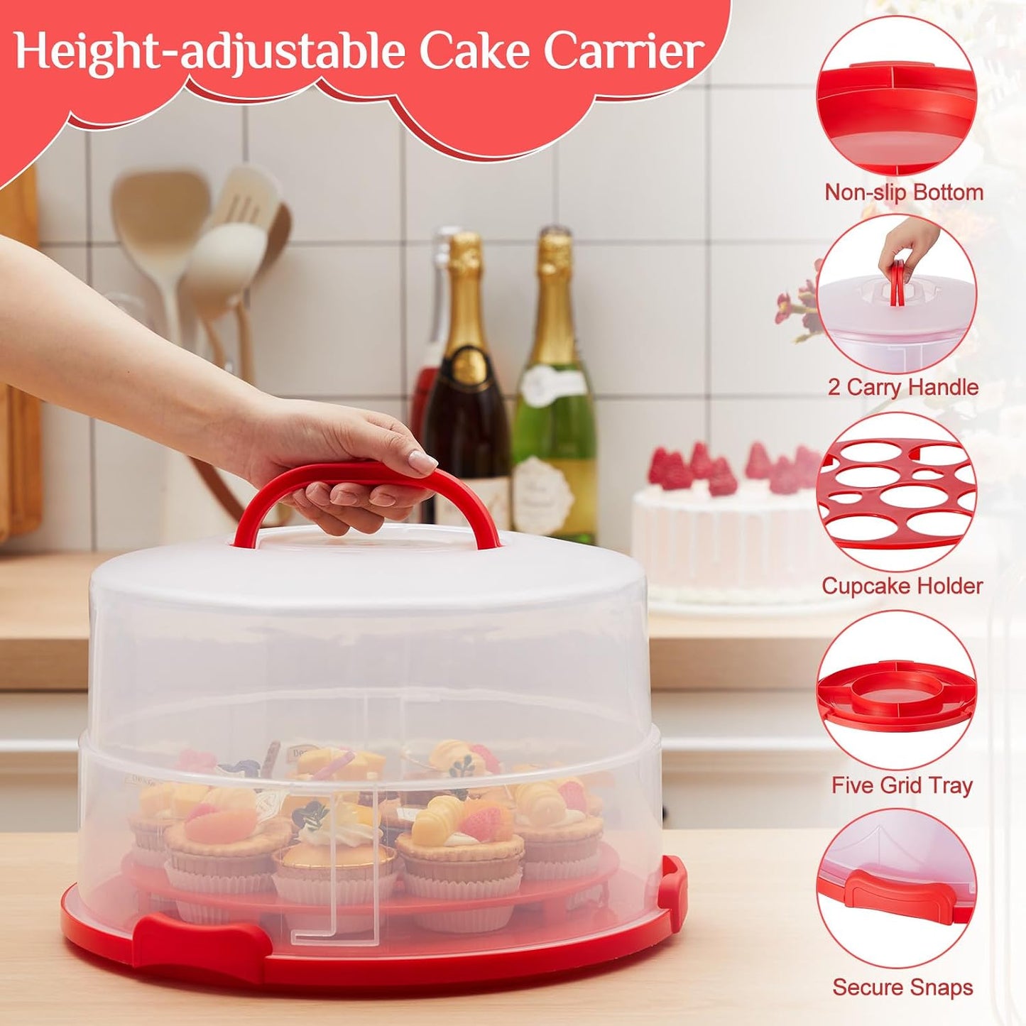 Teenyyou 12 Inch Large Cake Carrier with Lid and Handle for 12" Round 7" High Cake Adjustable Plastic Pies Carrier Portable Cupcakes Transport Container for Cookies Pizza and More(Pink)