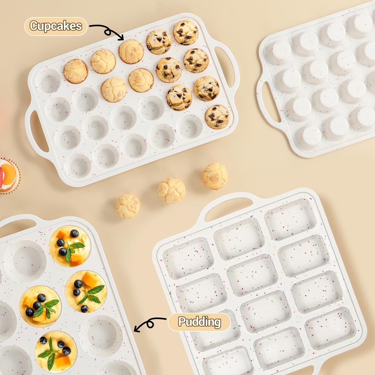 CAKETIME Silicone Muffin Pan - Cupcake Pan, Mini Loaf Pan Silicone Baking Molds Food Grade 3-Pack