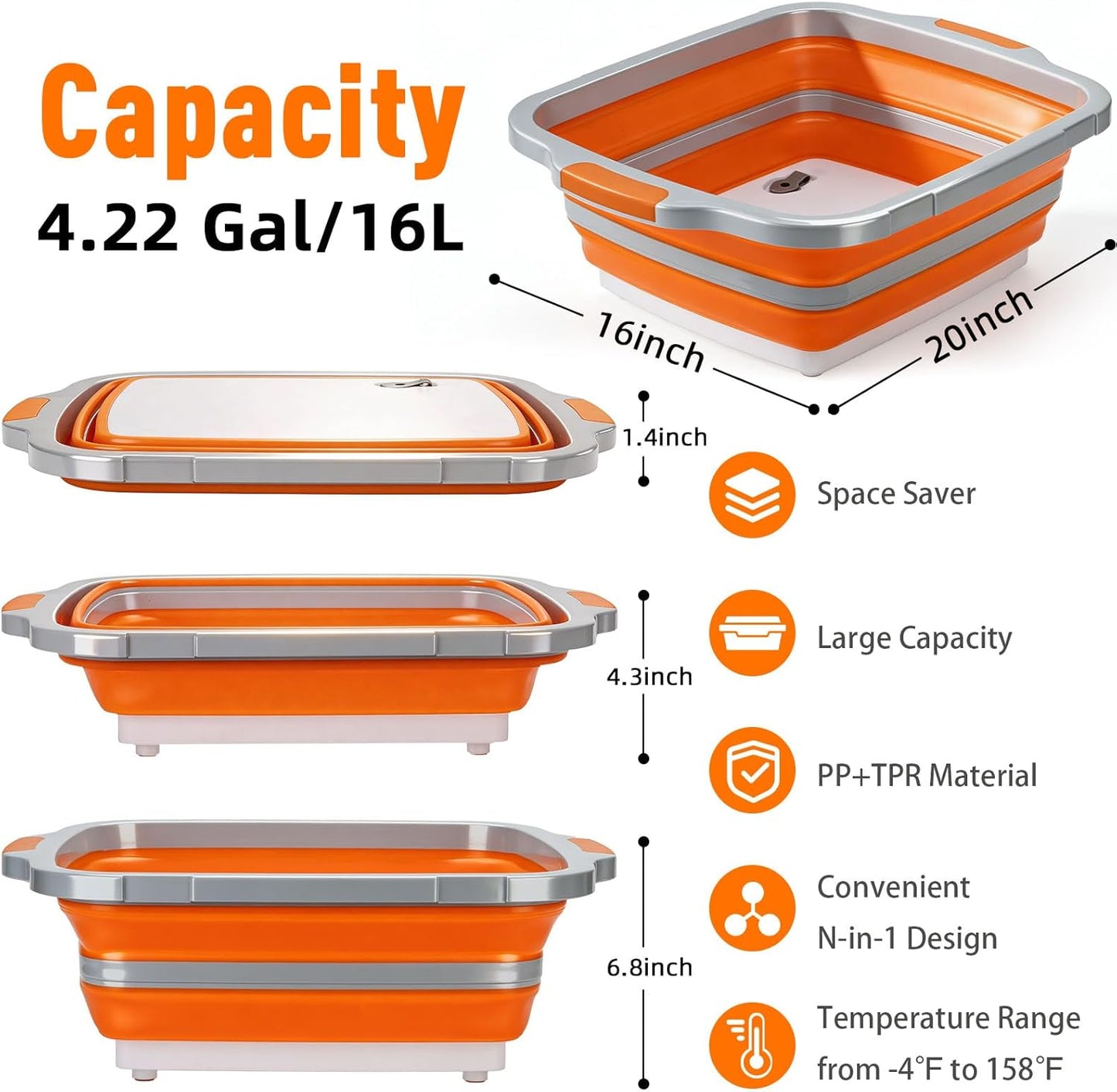 8L Collapsible BBQ Prep Tub with Locking Lid & Cutting Board - Marinade Container Grill Carry System for RV Picnic Tailgate - Portable Wash Basin for Kitchen Camping Sink - Gift for Men Women