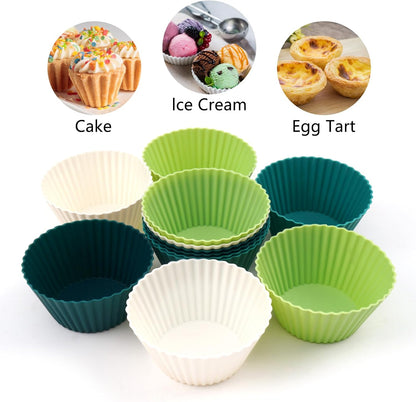 12 Pack Silicone Baking Cups - 4 Colors Reusable Non-Stick Muffin Liners, Heat-Resistant Cupcake Molds for Oven