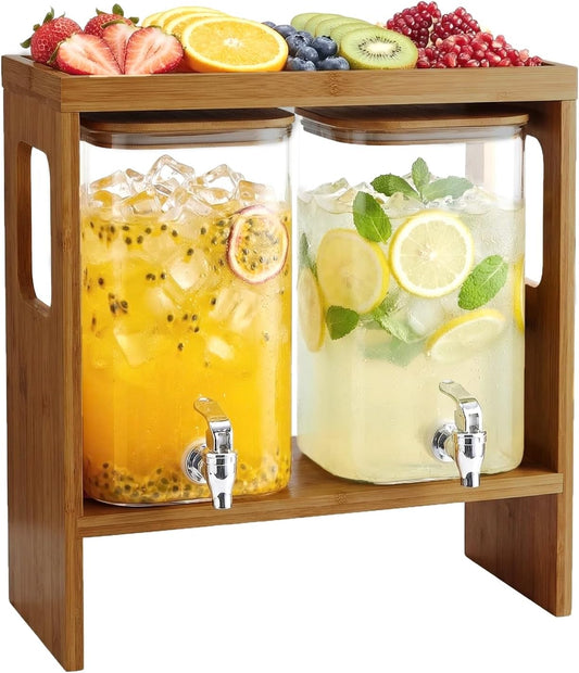 2 PCS 1.2 Gallon Drink Dispenser, Glass Beverage Dispenser with Wood Stand and Detachable Food Platter, Party Drink Dispensers for Lemonade, Juice, Tea, Ice Coffee