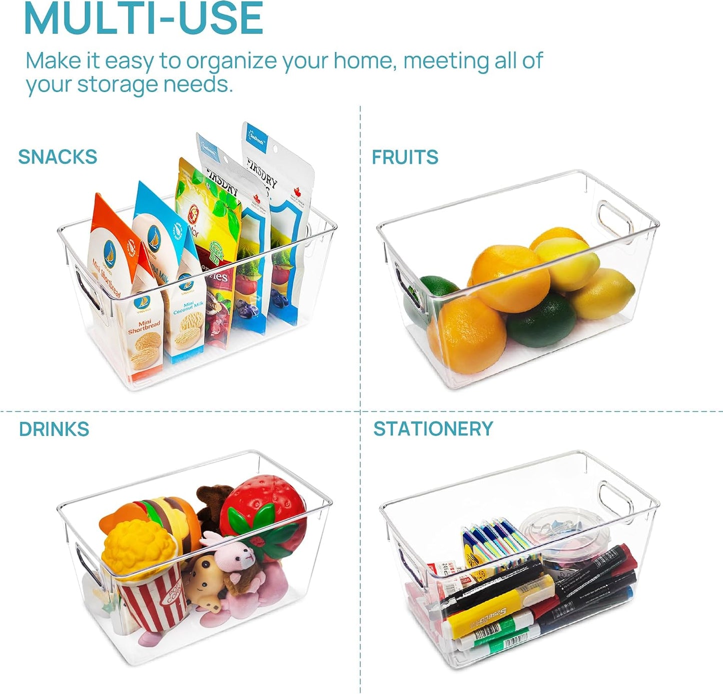 Vtopmart Clear Plastic Storage Bins, 6 PCS Pantry Organizer Bins with Handle for Refrigerator, Fridge, Cabinet, Kitchen, Countertops, Cupboard, Freezer Organization and Storage, Large