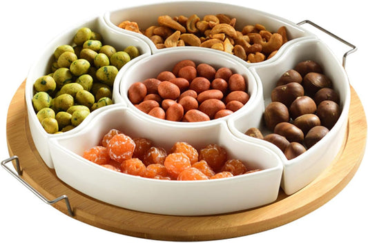 yarlung 11 Inch Ceramic Divided Serving Dishes with Bamboo Platter, Appetizer Tray 5 Removable Snacks Bowls for Candy and Nut, Chips and Dips, No Lid Included