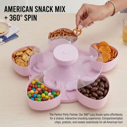 Lid Divided Rotating Snack Tray - Spin Box Platter Containers Candy Chip Storage, Rotating Spice & Snack Organizer, 8.66 inches Wide Clear 5-Compartment Serving, Nuts, and Snacks （Grey）