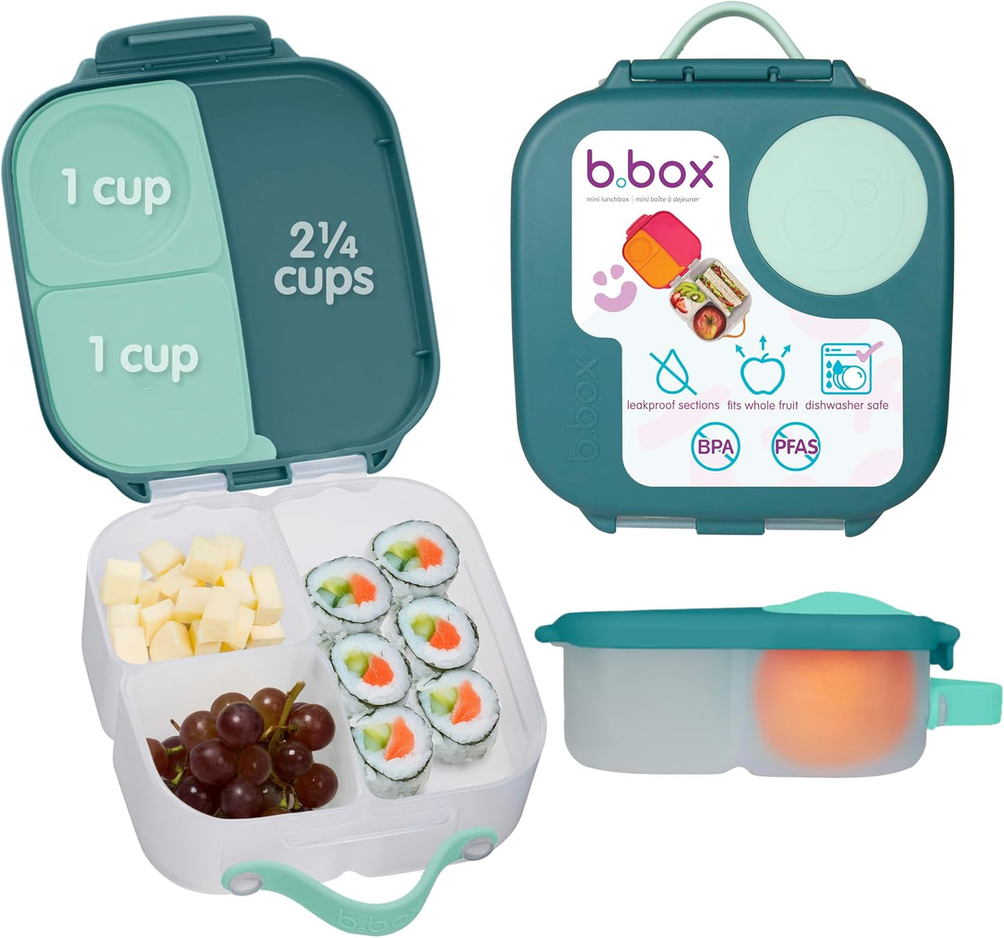 b.box Mini Lunch Box 2-Pack, Leak Proof Bento Box for Kids, 3 Compartment Snack Containers Ages 3+, Lunchbox for Daycare + School, Dishwasher Safe, BPA-Free, PFAS-Free, 4.25 Cup - Blue + Green