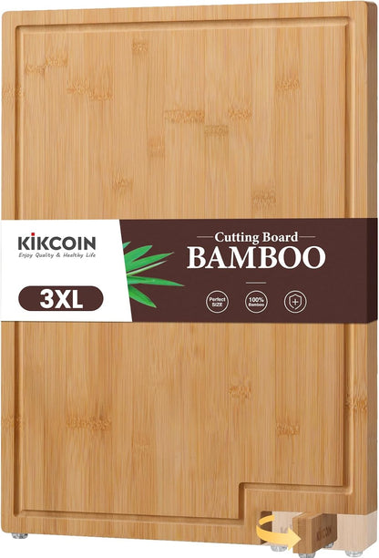 Kikcoin Bamboo Cutting Boards for Kitchen Set of 3, Extra Large Wood Cutting Board with Rotating Kickstand & Juice Groove, Wooden Chopping Board for Meats Veges Fruits, Heavy Duty Serving Tray