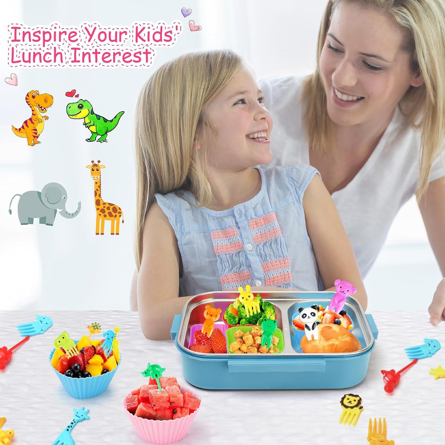 100PCS Silicone Lunch Box Dividers for Kids Lunch Accessories Set, Including 24 Reusable Silicone Cupcake Liners Baking Muffin Cups with 76 Animal Food Picks for Kids, Lunchbox Bento Box Accessories