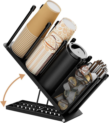 OVICAR Cup and Lid Holder - Adjustable Coffee Cup Holder Organizer 4 Compartment Disposable Cup Dispenser with Coffee Pod Straw Storage Basket for Coffee Station Bar Countertop Breakroom Metal Black