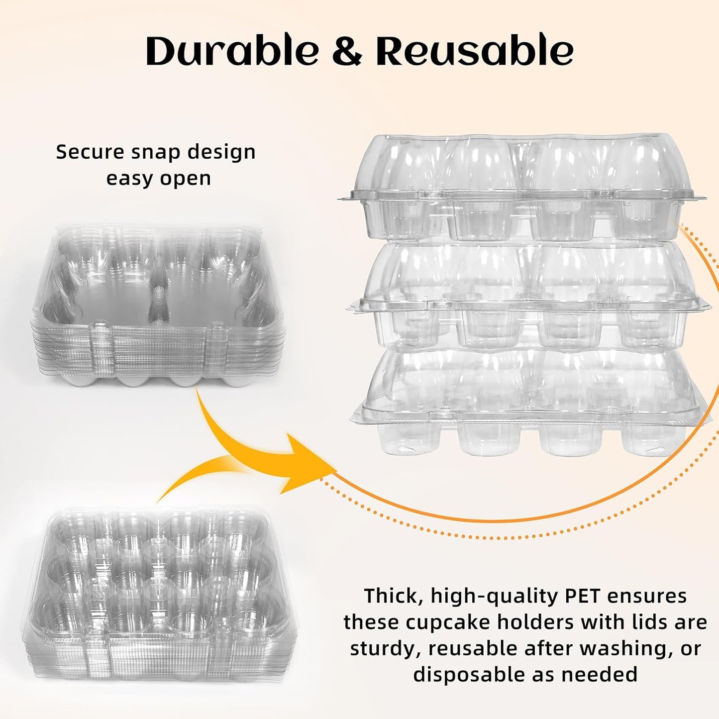 WIKDAY (12 Count x 20 Sets Plastic Cupcake Containers with Liners, Clear Cupcake Holder with Lids, Disposable Cupcake Carrier for Bakery, Cupcake Storage Box for Parties, Bake Sale Packaging