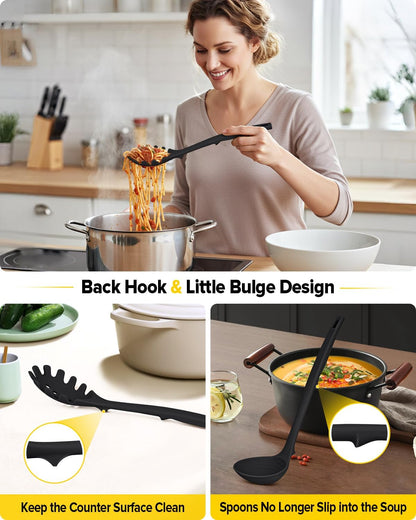 Silicone Cooking Utensils Set, 9 Pcs Heat Resistant Kitchen Utensils with Back Hooks, BPA Free Kitchen Tools with Spatulas, Spoons, Skimmer and Pasta Fork for Non Stick Cookware(KHAKI)