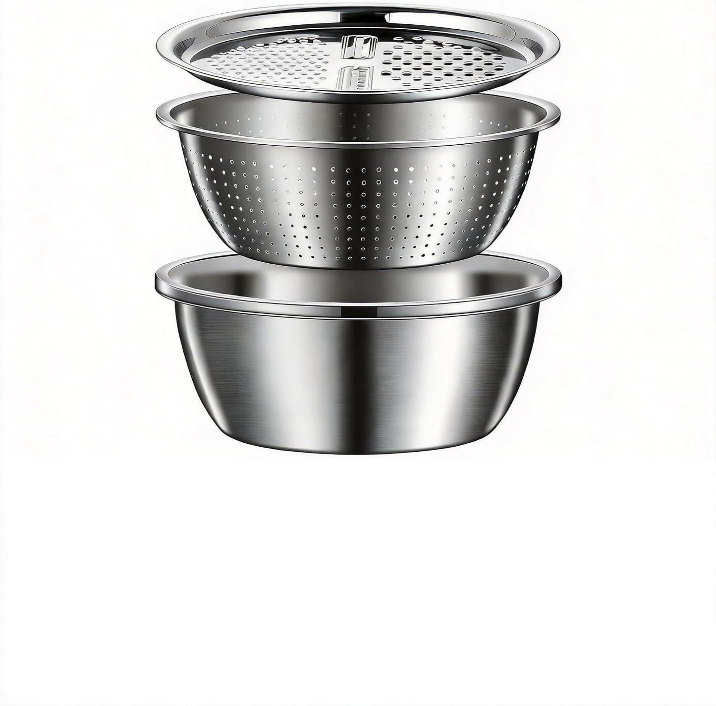 3 in 1 Stainless Steel Mixing Bowls Set - Multifunctional Colander with Grater & Vegetable Slicer, Stackable Kitchen Strainer Drain Basket for Rinsing, Washing, Mixing & Food Prep, Food Grade, 3Pcs