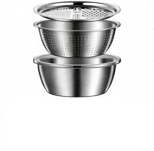3 in 1 Stainless Steel Mixing Bowls Set - Multifunctional Colander with Grater & Vegetable Slicer, Stackable Kitchen Strainer Drain Basket for Rinsing, Washing, Mixing & Food Prep, Food Grade, 3Pcs