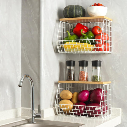 Mefirt 2pcs Fruit Basket Kitchen Storage Basket with Wood Lid, Stackable Wall Basket Fruit Basket for Kitchen, Countertop Organizer for Snack, Fruit and Veggie Storage, 11.8 x 7.9 x 8.5 Inch