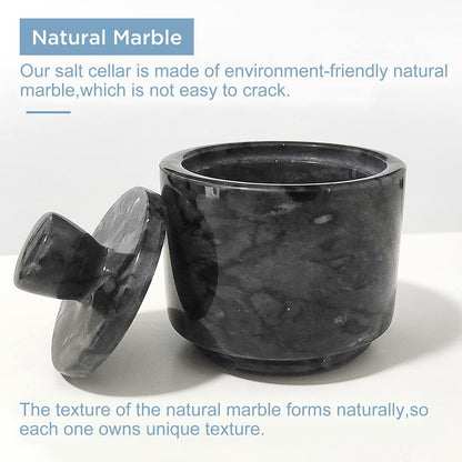 Marble Salt Cellar with Lid, White and Black Stone Salt and Pepper Bowl Box Container Jar Holder Well Keeper Dish Pig Crock