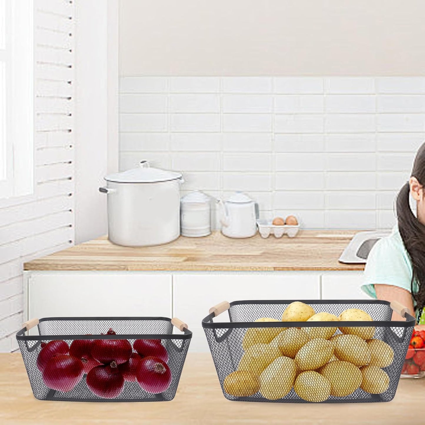 Potato and Onion Storage Bin, 2 Set Potato Bin Storage and Onion Container with Wooden Handle, Pantry Kitchen Organization and Storage, Metal Mesh Baskets for Fruit, Vegetable, Produce-White