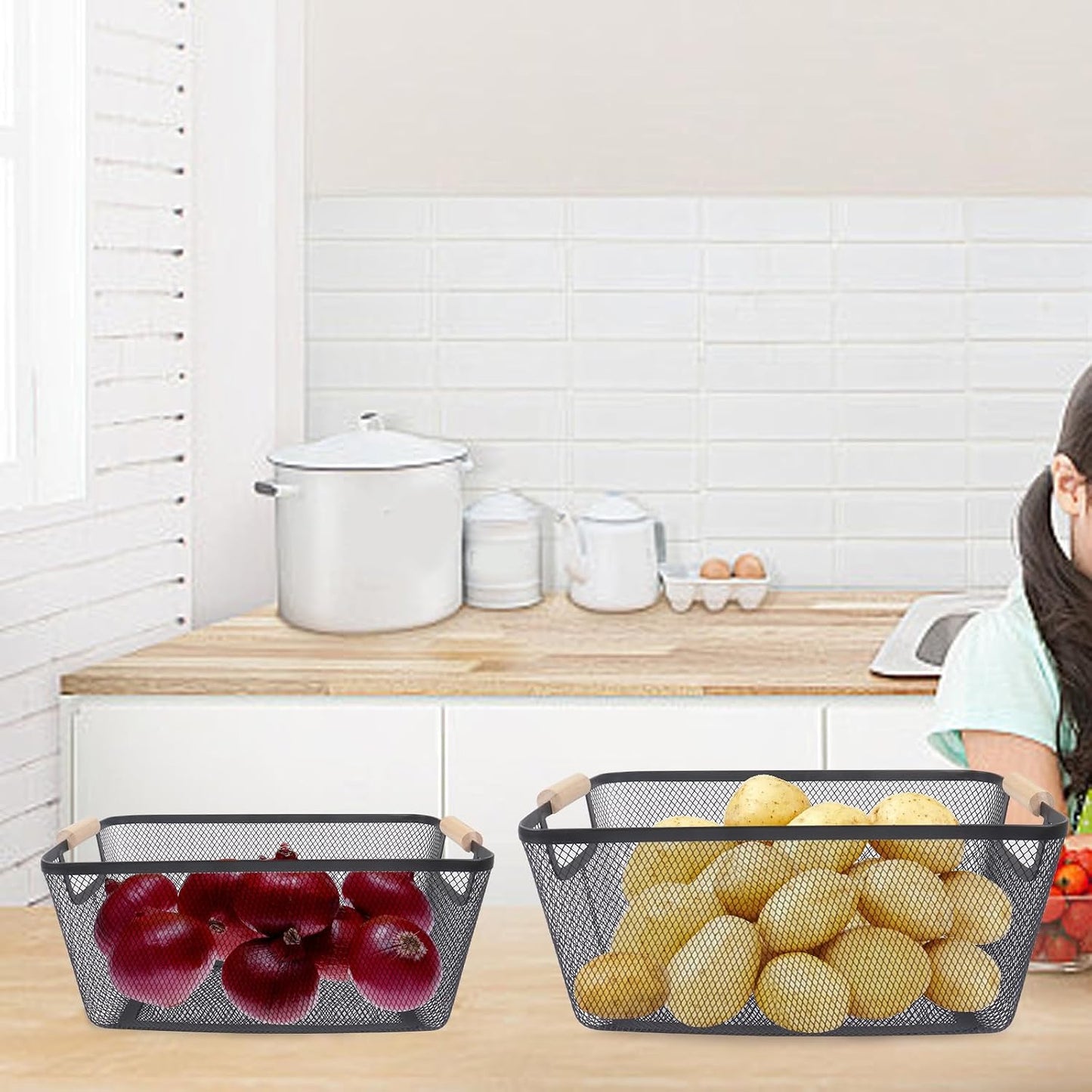 Potato and Onion Storage Bin, 2 Set Potato Bin Storage and Onion Container with Wooden Handle, Pantry Kitchen Organization and Storage, Metal Mesh Baskets for Fruit, Vegetable, Produce-White