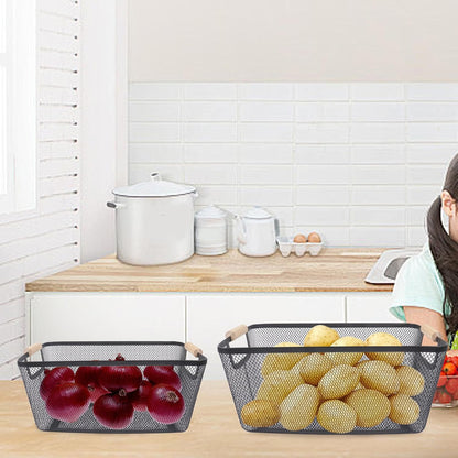 Potato and Onion Storage Bin, 2 Set Potato Bin Storage and Onion Container with Wooden Handle, Pantry Kitchen Organization and Storage, Metal Mesh Baskets for Fruit, Vegetable, Produce-White