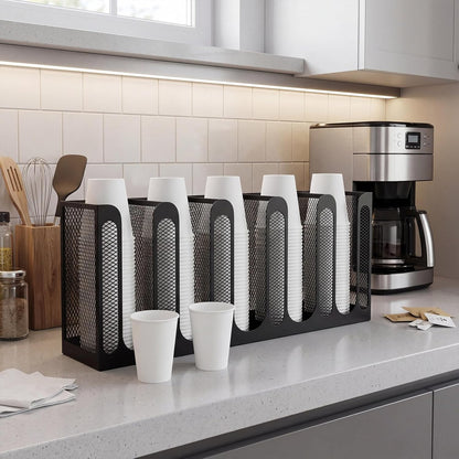 Maxcheck Metal Mesh Cup and Lid Holder Coffee Paper Cup Dispenser Lid Holder Storage Organizer Countertop or Wall Mount for Coffee Bar, Kitchen, Breakroom(4 Compartments,16.1 x 4.1 x 8 Inch)