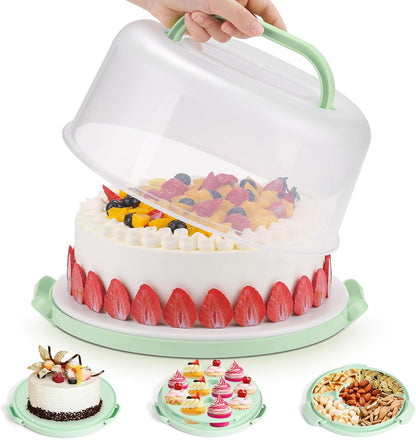 Cake Carrier with Lid and Handle, BPA-Free Cake Containers Cake Stand for 10 inch Cake with 2 Handles Cupcake Carrier - Plastic Cover Two Sided Base for Transport Pie Nuts Fruit Perfect Gifts