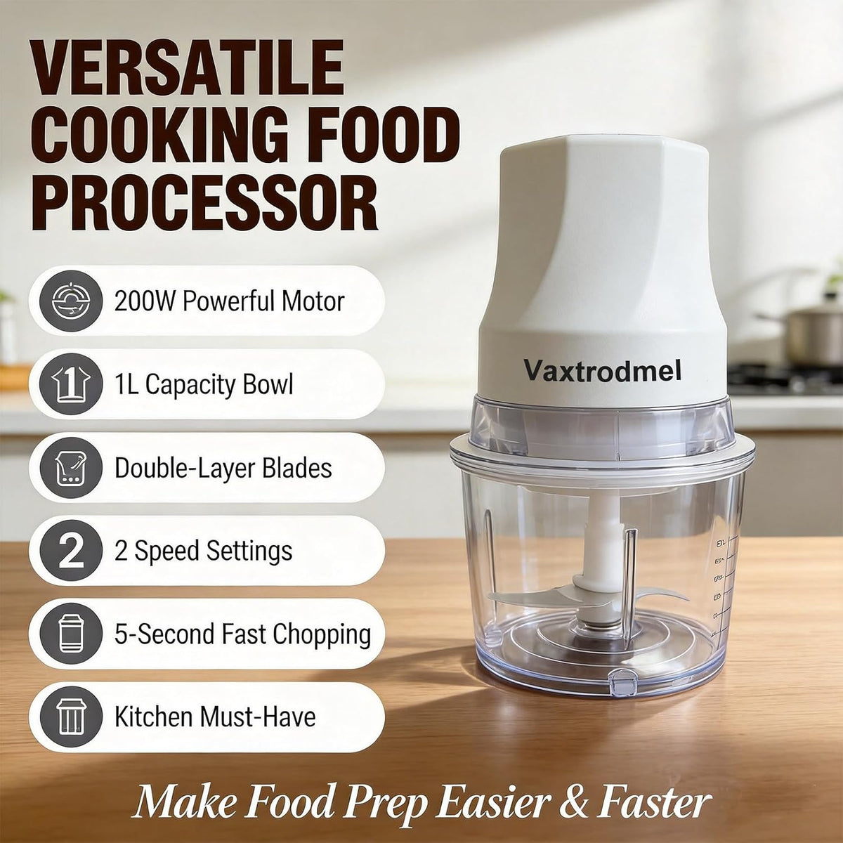 Food Chopper Electric, Dual Blades with 2 Speed Button, Overheat Protection + Safety Lock, Hand Wash or Dishwasher Safe, Rubber Anti-Slip Pad, 200W Motor, 1L Plastic Bowl