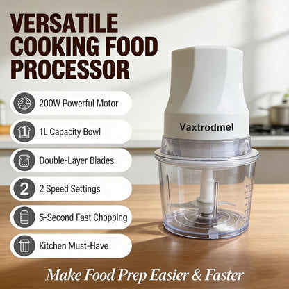 Food Chopper Electric, Dual Blades with 2 Speed Button, Overheat Protection + Safety Lock, Hand Wash or Dishwasher Safe, Rubber Anti-Slip Pad, 200W Motor, 1L Plastic Bowl