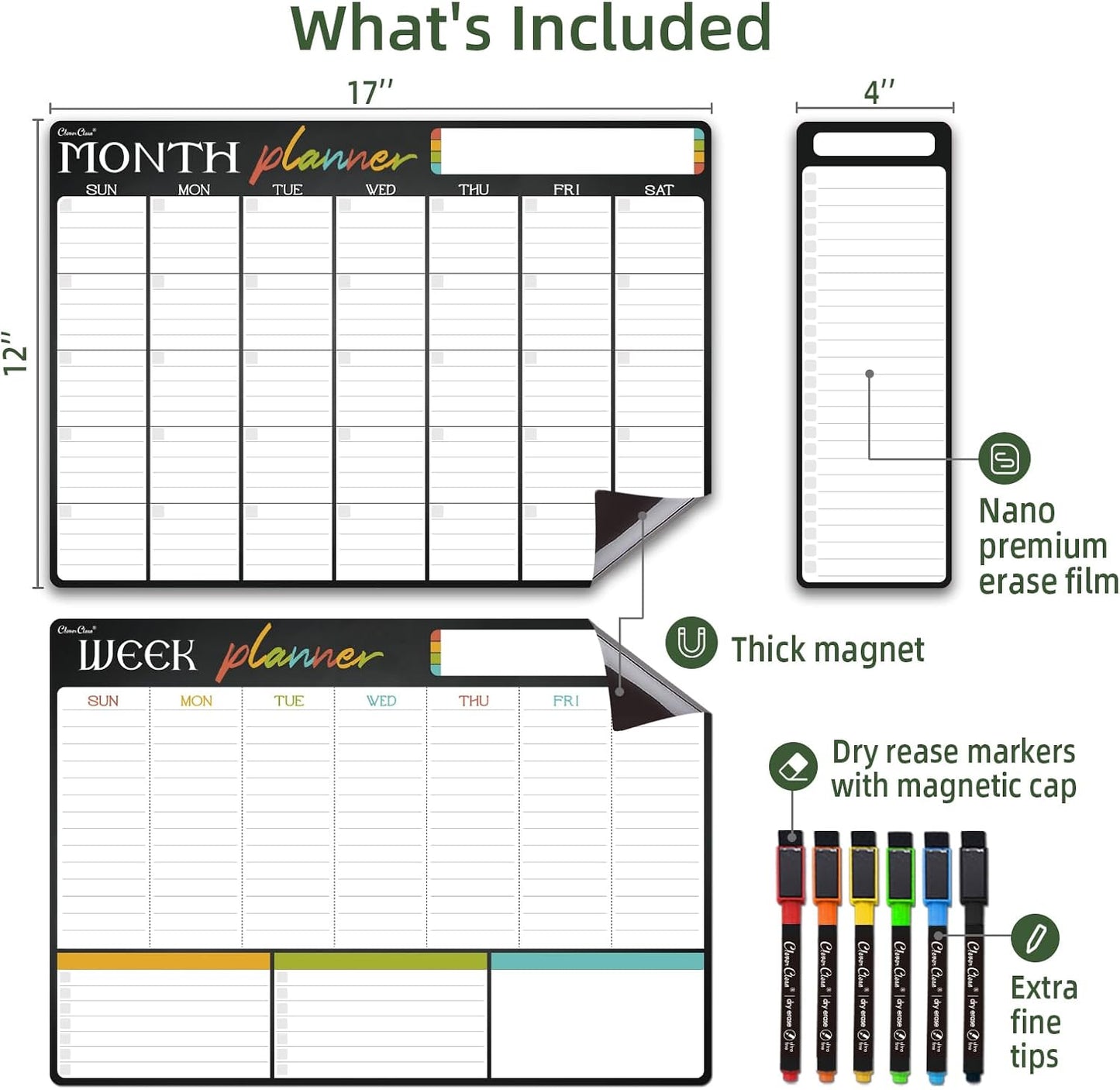 Magnetic Dry Erase List Board - 4"x12" Multifunctional List Board for Fridge - 6 Extra Fine Point Markers Included - Shipped Flat