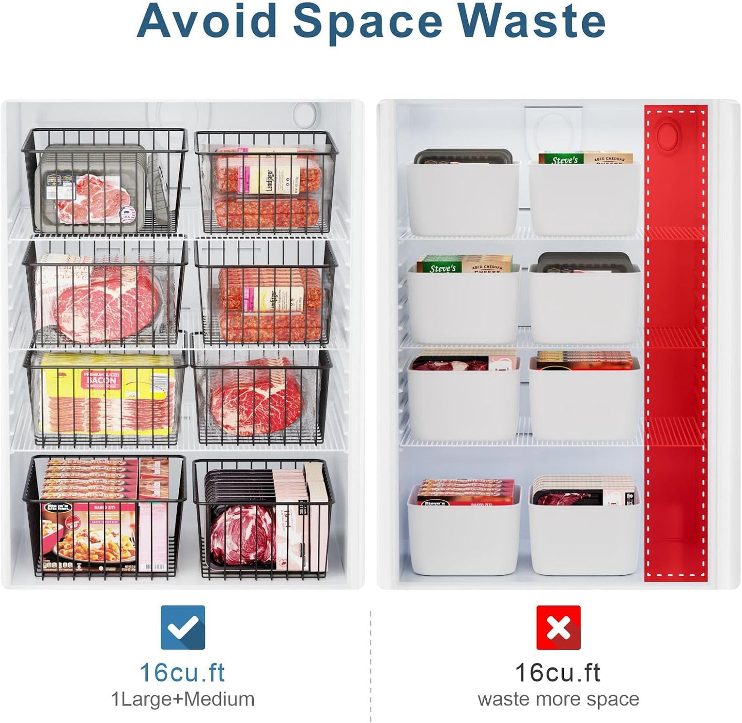 iSPECLE Freezer Organizer Bins - 4 Pack Upright Freezer Baskets for 17/21 Cu.Ft Stand Up Freezer, Wire Storage for Reach-In Freezer, Slide-Out Access, Prevents Items Falling, 2 Large 2 Medium, White
