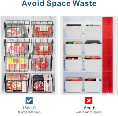 iSPECLE Freezer Organizer Bins - 4 Pack Upright Freezer Baskets for 17/21 Cu.Ft Stand Up Freezer, Wire Storage for Reach-In Freezer, Slide-Out Access, Prevents Items Falling, 2 Large 2 Medium, White