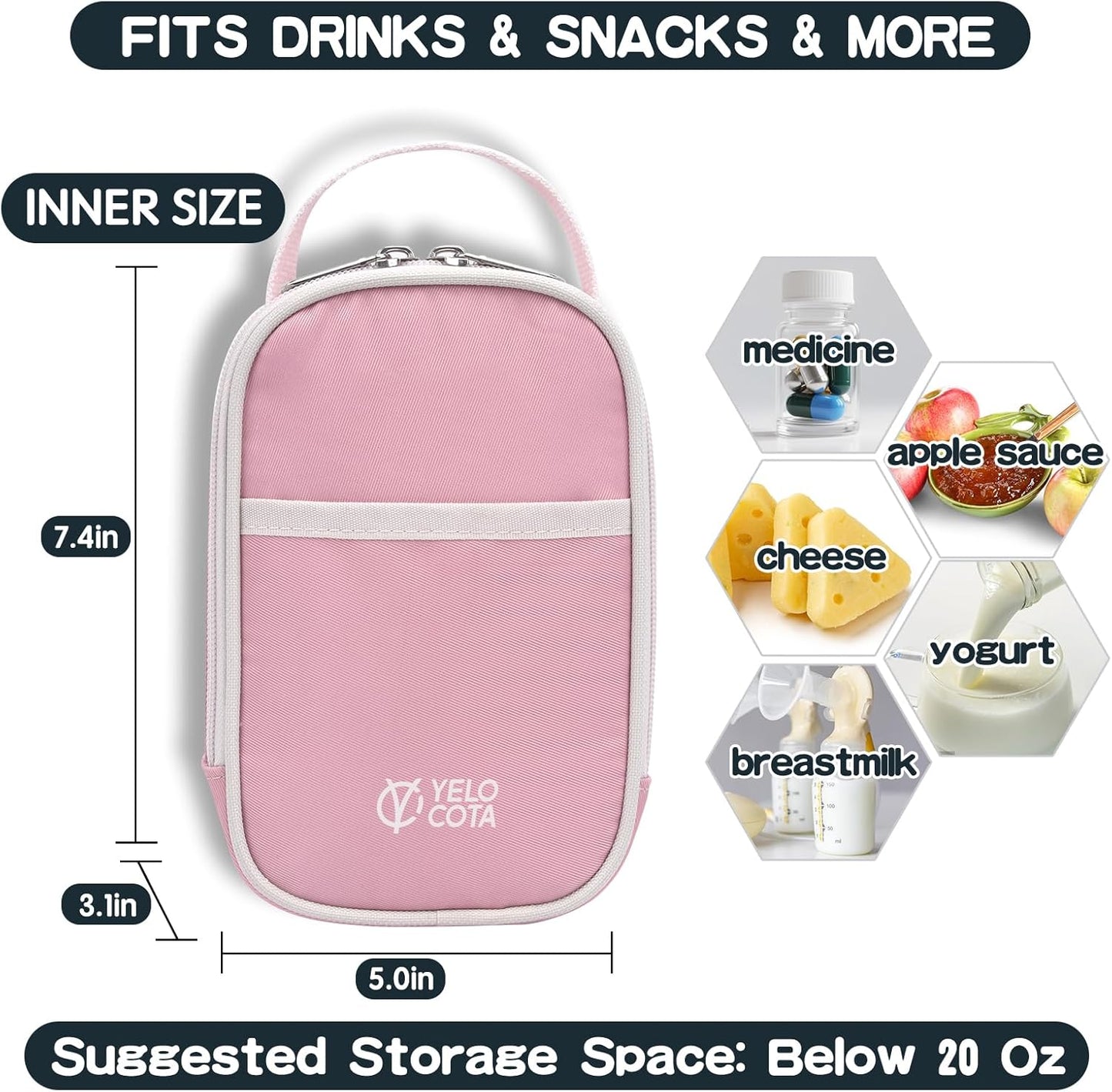 Yelocota Small Insulated Lunch Bag- Snack Bag- Mini Cooler Bag with Handle for Travel,Work,School(Storage Space below 20oz)- Also Suitable for Pairing with Food Jar
