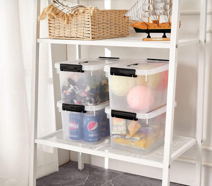 6 Quart Stackable Plastic Storage Bins with Lids, 6 Pack Clear Black Small Organizer Boxes with Latches for Bathroom, Pantry, Office Desk and Small Item Storage