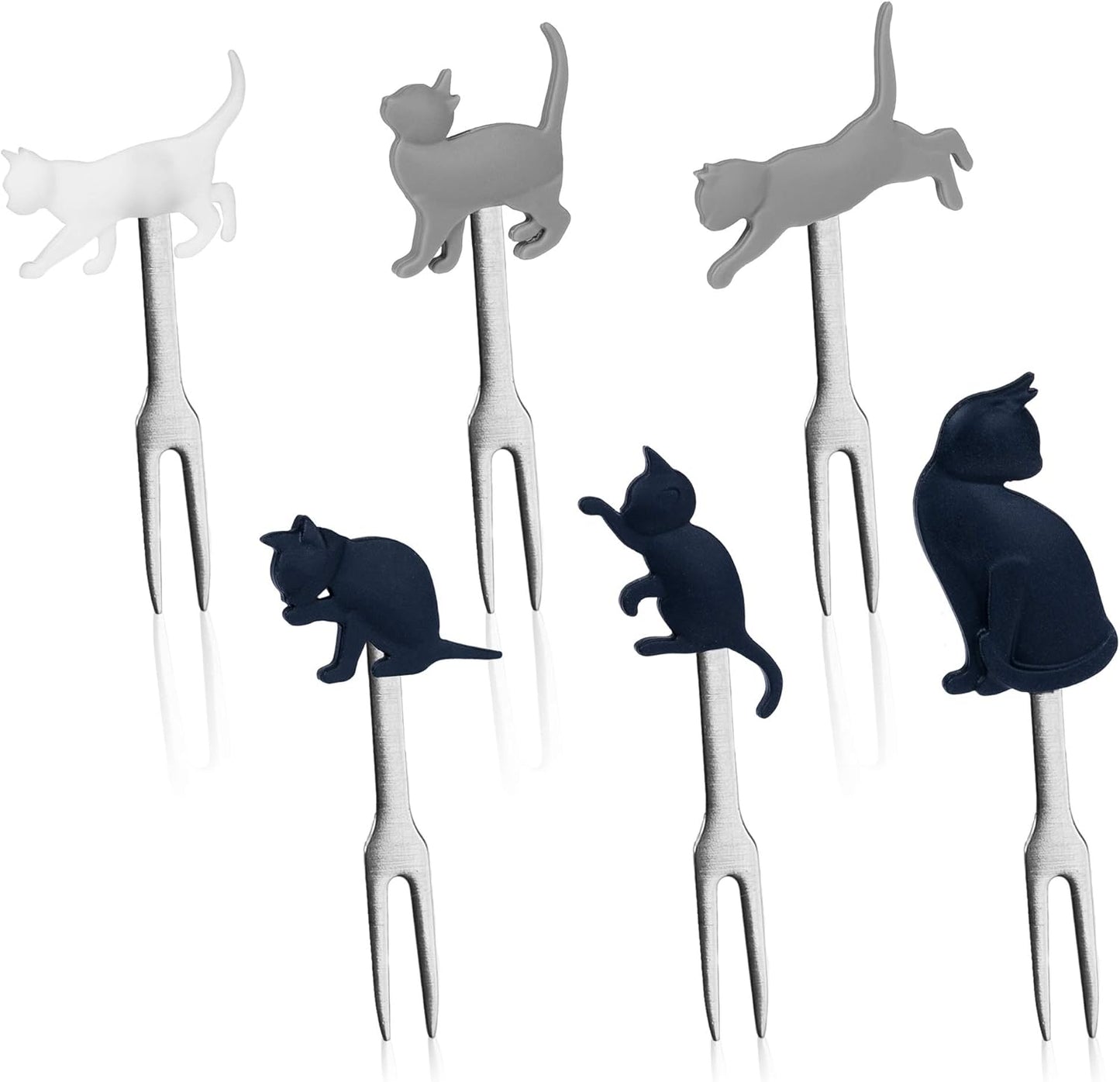 Cocktail Forks, 6-Piece Appetizer Forks, Cat Shapes, Stainless Steel and Silicone Small Forks for Fruits, Cheese, Appetizers