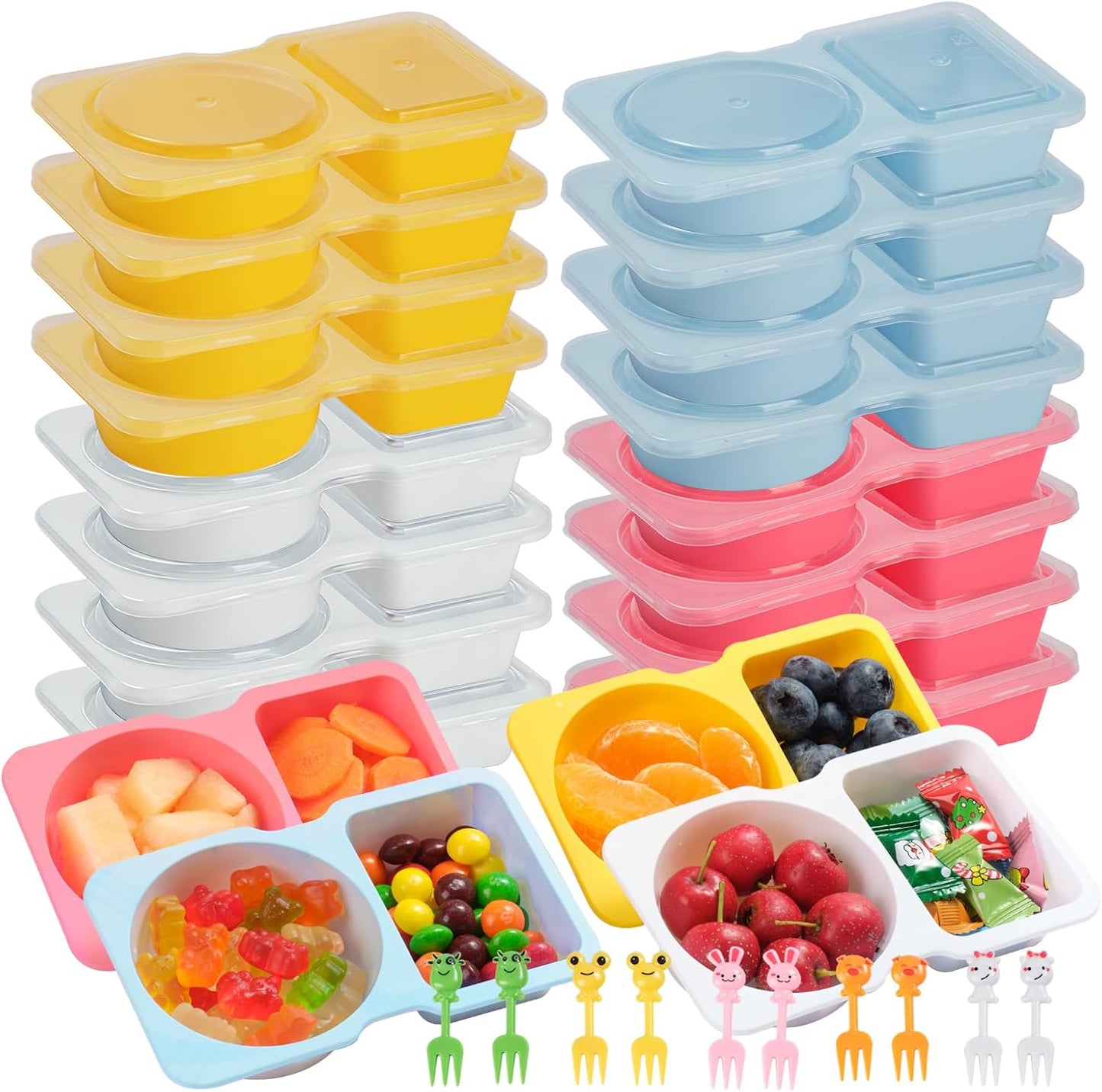 20 Pack Reusable Snack Containers with Lids with 10 Forks,Disposable 2-Compartment Condiment Containers,Small Sauce Snackle Box Meal Prep Containers,Portion Control Snack Pack Containers (4-color)