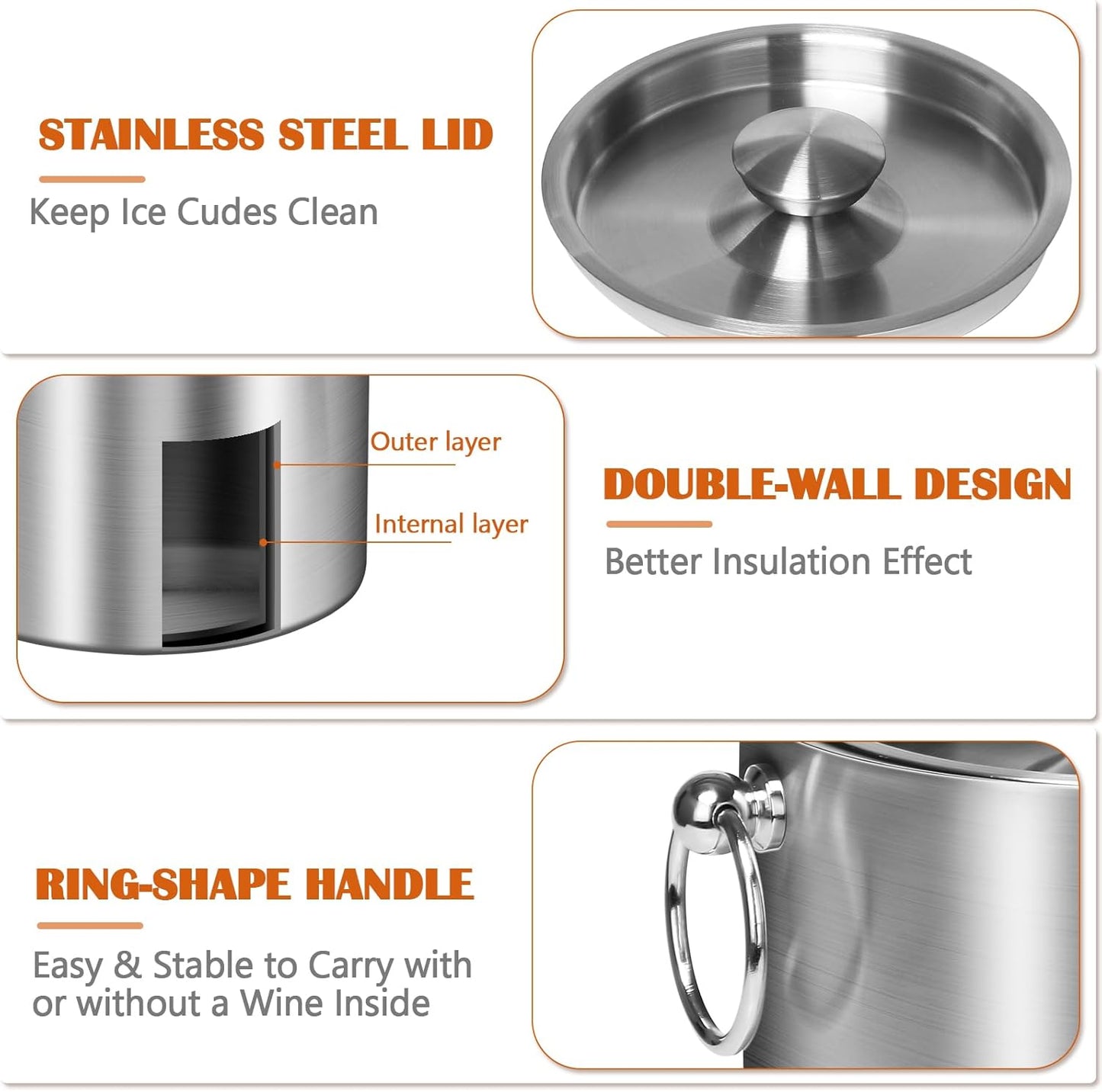 Ice Bucket with Lid & Tong- Well Made Insulated Stainless Steel Keep Ice Frozen Longer - Ideal for Cocktail Bar, Parties, Chilling Wine, Champagne - 3 Liter (Black)