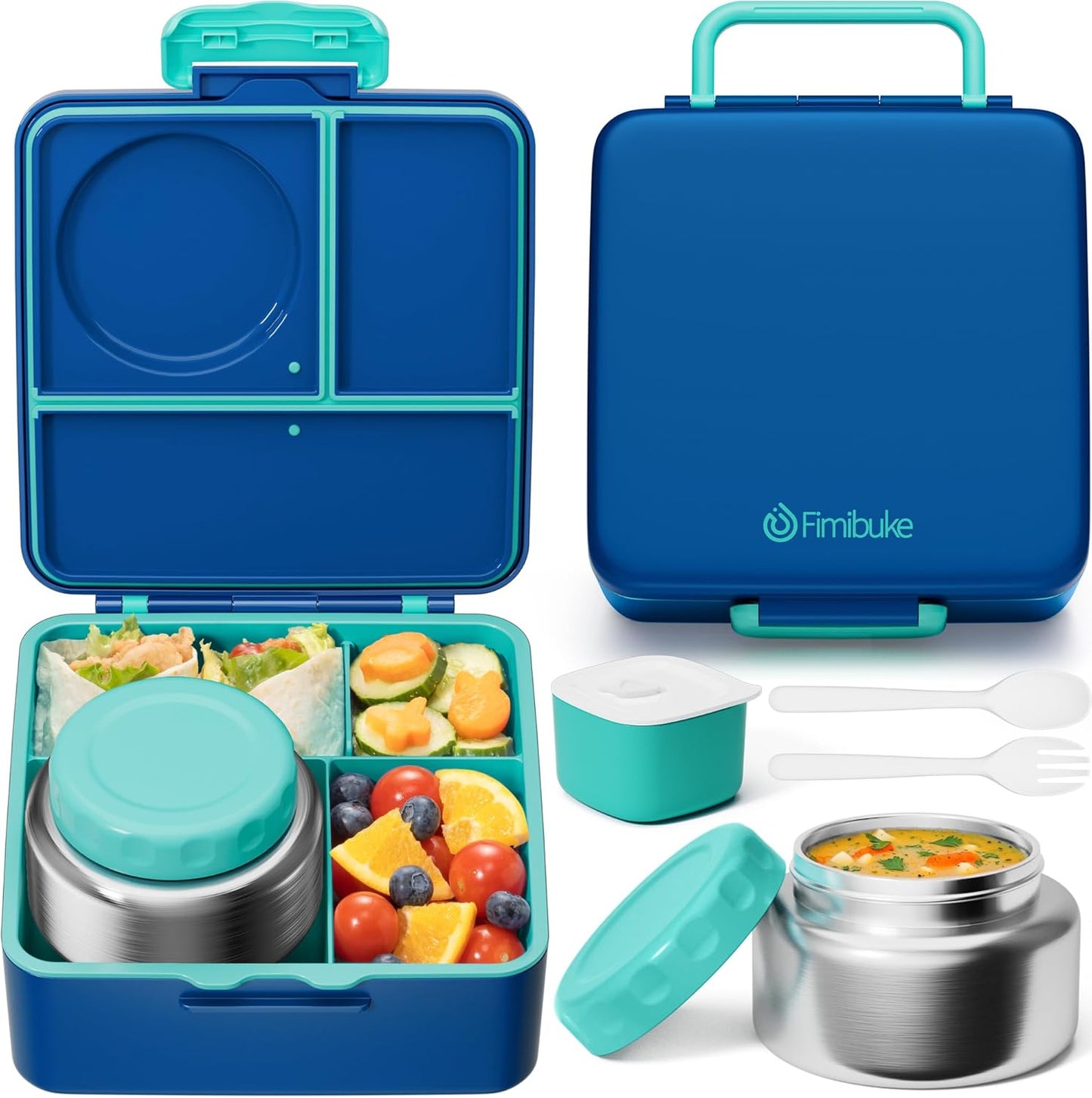 Fimibuke Bento Box for Kids Adult, BPA Free & Leakproof Toddler Lunch Box with 8.5oz Insulated Thermo Food Jar, Utensils & Sauce Jar, Dishwasher Safe 3 or 4 Compartment Container for School Girls Boys